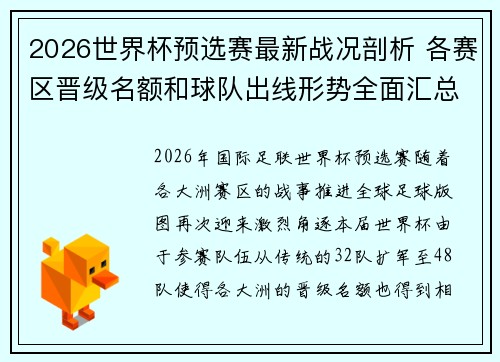 2026世界杯预选赛最新战况剖析 各赛区晋级名额和球队出线形势全面汇总 2026世界杯预选赛最新战况剖析 各赛区晋级名额和球队出线形势全面汇总