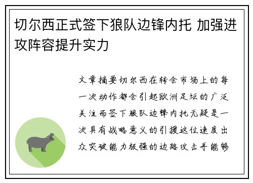 切尔西正式签下狼队边锋内托 加强进攻阵容提升实力
